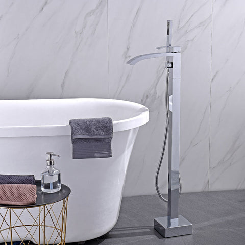 Free Standing Bathroom Tub Faucet Floor Mount Tub Filler Hand Shower Mixer Tap